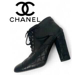 CHANEL boots 9 Matrasse Booties Short Heels Quilted Chunky Lace Up Women 39